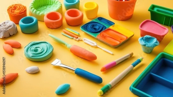 Fototapeta Colorful Clay Playtime: A vibrant collection of modeling clay, tools, and containers, perfect for creative expression and imaginative play.