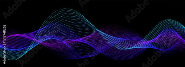 Obraz Neon sound wave on black background. Abstract flowing wavy dot lines design for ai concept, eq equalizer, audio record, voice assistant. Vector blue green purple gradient dashed curve stripe wallpaper