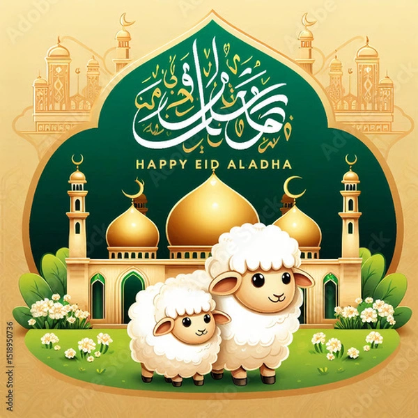 Fototapeta Happy Eid al-Adha Greeting with Sheep and Mosque