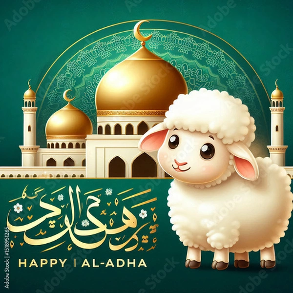Fototapeta Happy Eid al-Adha with a Cute Sheep and Mosque