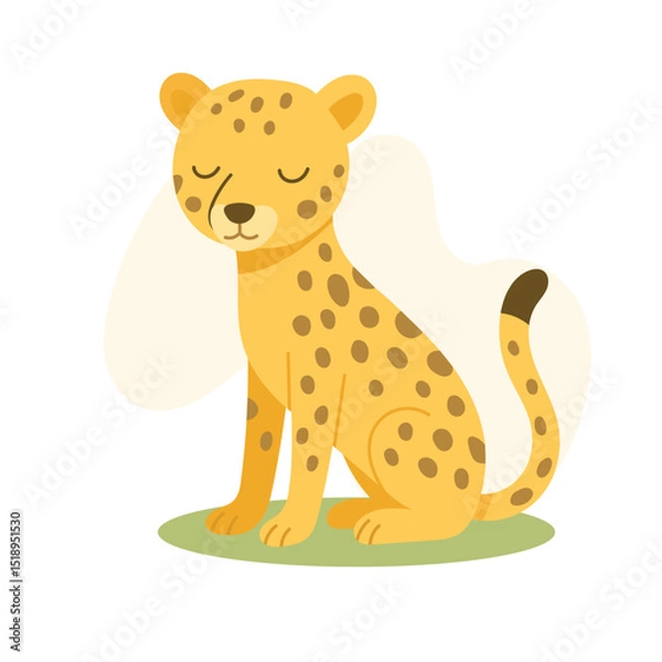 Fototapeta Cartoon cheetah sitting on grass with eyes closed, peaceful pose and stylized spots highlight charm and gentle expression for educational or playful content.