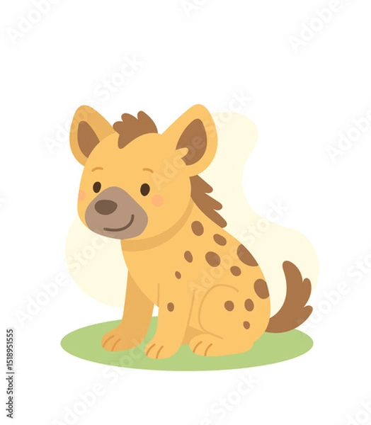 Fototapeta Cartoon hyena sitting on green patch with friendly expression, hyena soft color tones and stylized features make it perfect for playful children s content or safari-themed designs.