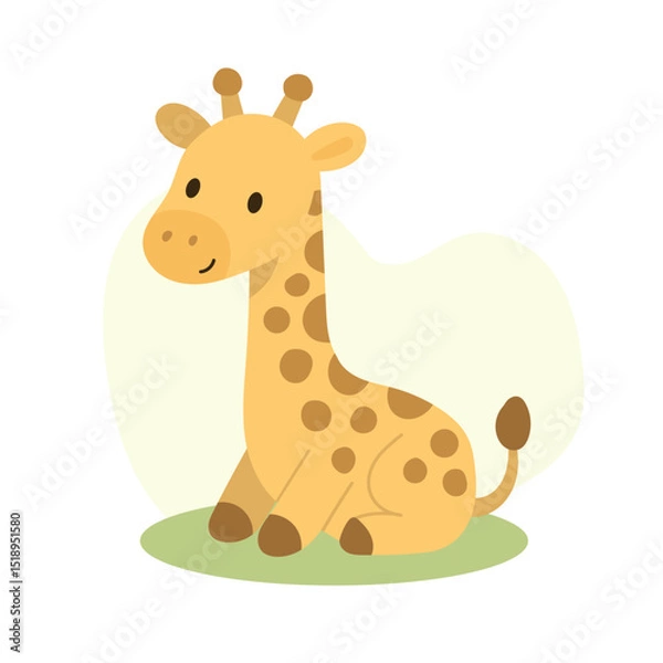 Fototapeta Cartoon giraffe sitting on green grass with long neck and gentle smile, giraffe soft colors and round forms make it perfect for nursery decor or animal-themed learning tools.