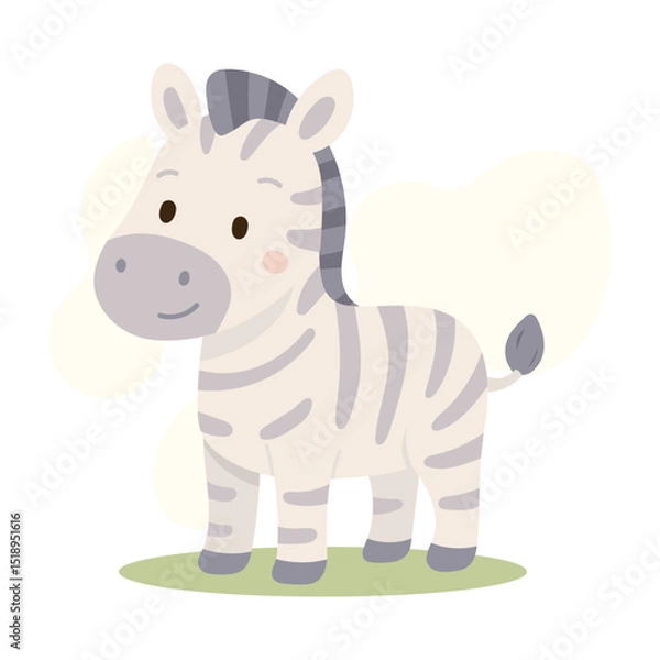 Fototapeta Cartoon zebra standing on grass with cute face and soft gray stripes, pastel colors and friendly look make it ideal for children s illustrations and safari-themed content.