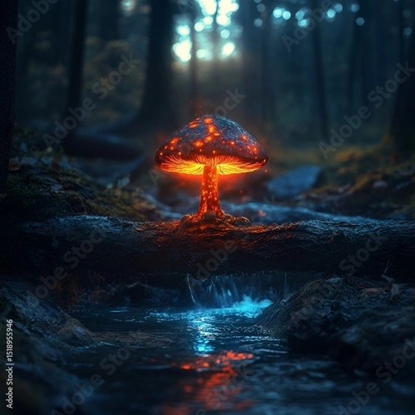 Fototapeta A glowing mushroom bridges worlds above a quiet stream.