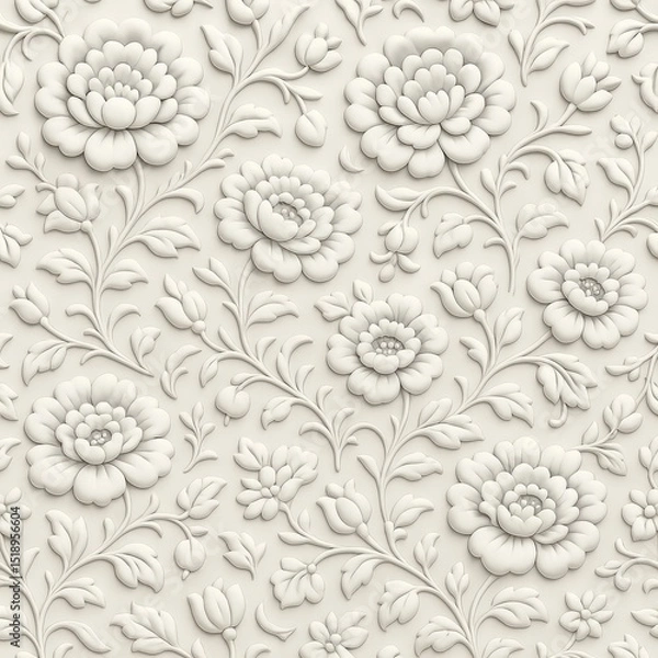 Fototapeta Elegant Floral Relief Pattern in Cream Tones A Seamless Texture for Textile Design and Decorative Art Projects with Intricate Botanical Details