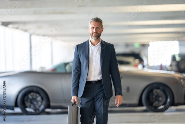 Fototapeta Rich business man outdoors. Rich businessman enjoying his success. Luxury businessman in elegant suit. Rich man front of expensive car. Luxury business travel. Confident rich businessman in a classic