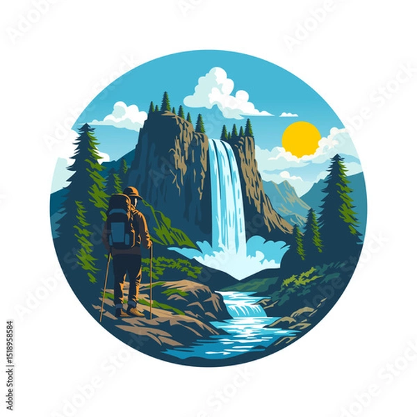 Fototapeta illustration of a climber looking at a waterfall