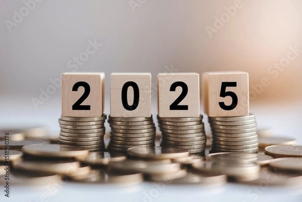 Obraz Wooden Blocks Showing 2025 on Stacks of Coins, Financial Concept for New Year