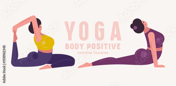 Obraz Illustration of body positive woman doing yoga. Stylized flat graphic style for your design. Color print on white background