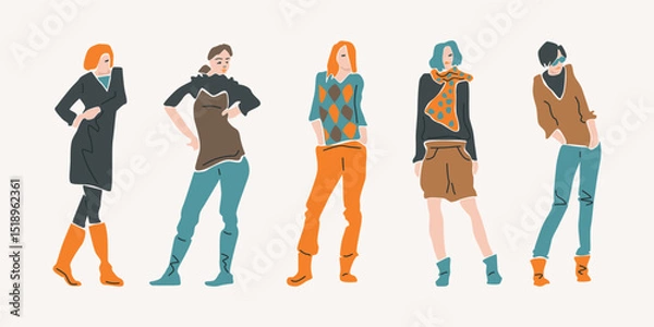 Obraz illustration of girls standing in different poses. Hand-drawn graphics. Isolated on white background