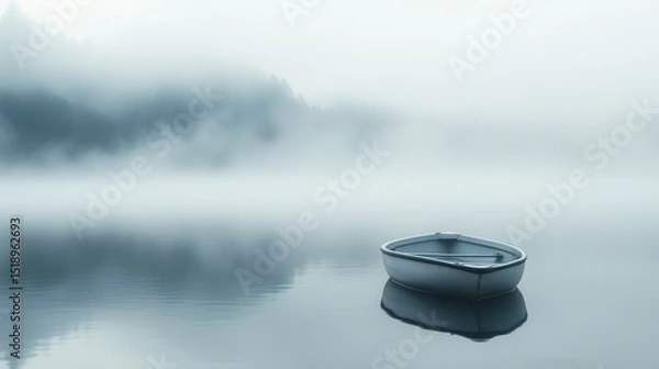 Obraz Serene Foggy Lake with Rowboat at Dawn