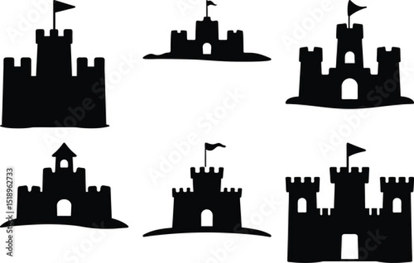 Fototapeta Collection of six different sandcastle silhouettes with flags on top, summer theme