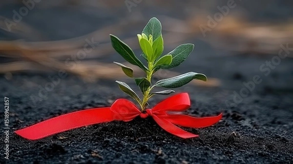 Obraz A New Beginning Small Plant with Red Ribbon on Dark Soil