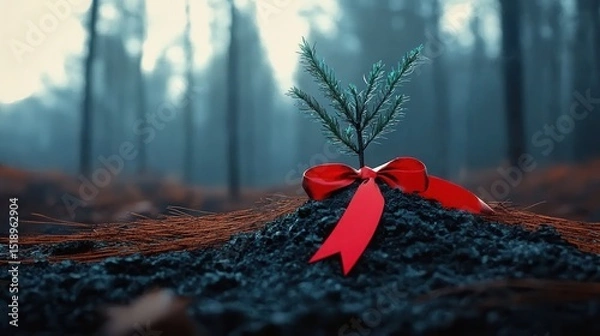 Obraz Young tree with red ribbon in forest