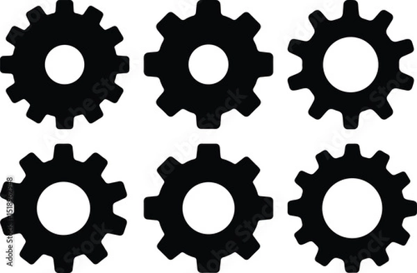 Fototapeta Six black cogwheels arranged in a grid pattern on a white background