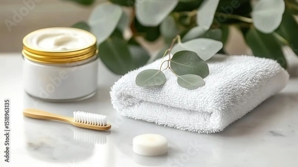 Obraz Serene Spa Setting Cream Jar Towel Toothbrush Candle