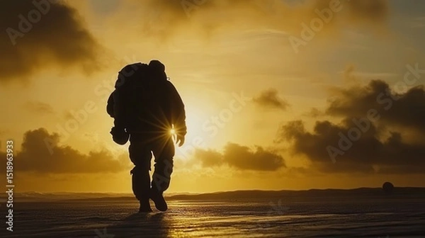 Obraz Silhouetted Hiker Walking Towards Sunset at the Beach