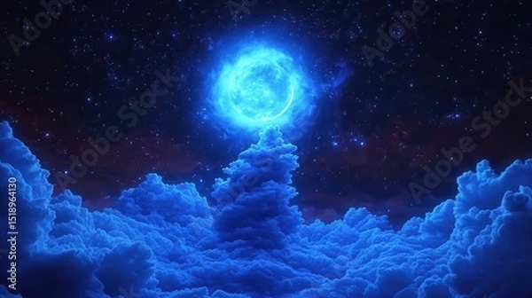 Obraz Ethereal Blue Moon Above a Sea of Clouds and Stars