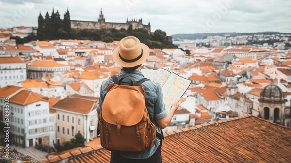 Obraz Traveler with Backpack Studying City Map on Rooftop