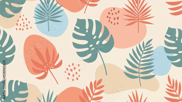Fototapeta Seamless pattern featuring tropical leaves such as monstera and palm, combined with abstract pastel shapes. Perfect for fabric design, wallpaper, wrapping paper, or summer-themed backgrounds.