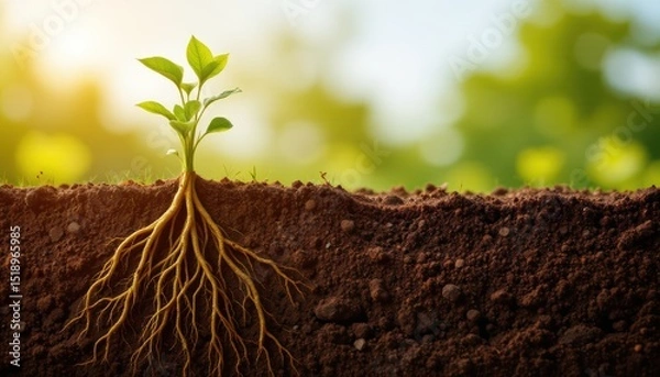 Obraz create a close up illustration of plant roots growing underground in a cross section of soil, position the roots on the left side of the image under morning radiance