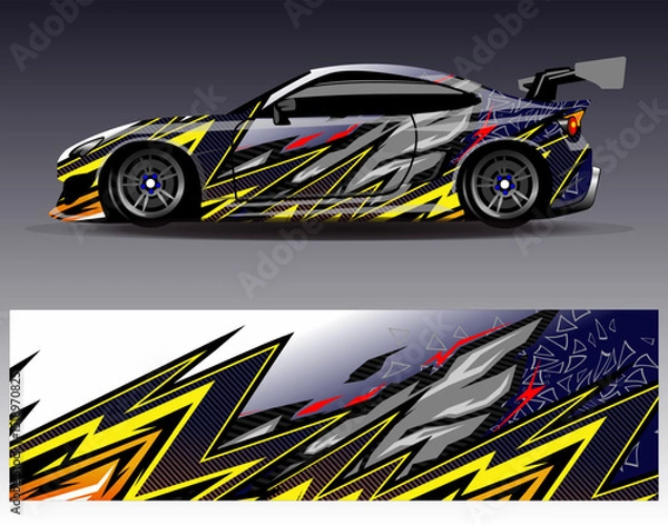 Fototapeta Car wrap design vector. Graphic abstract stripe racing background designs for vehicle, rally, race, adventure and car racing livery