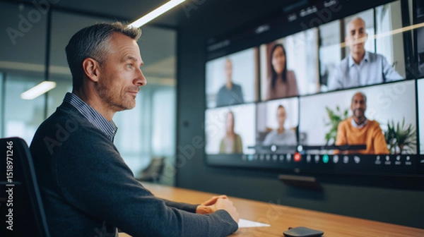 Fototapeta Businessman attending a video conference with colleagues on a large screen in a modern office.
