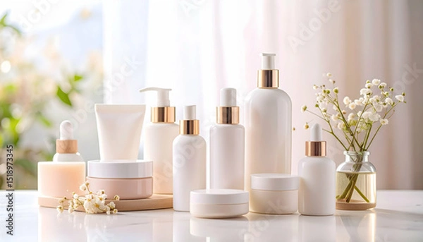 Fototapeta Luxury Skincare Products: A serene arrangement of skincare bottles and jars, enhancing the beauty and elegance of your bathroom routine.