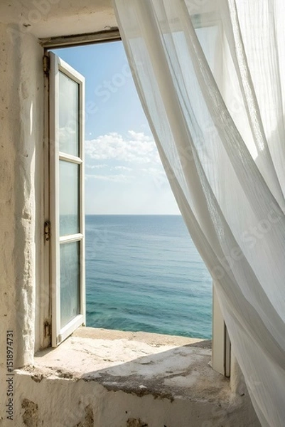 Fototapeta Open white window with light curtain flowing in the breeze, offering a peaceful view of calm blue sea and sky, perfect summer day on the Mediterranean coast