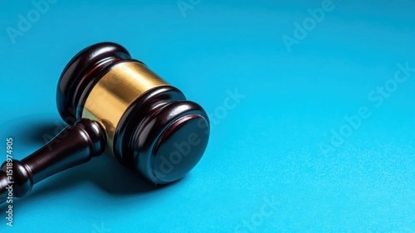 Fototapeta A gavel resting on a blue surface, symbolizing law and justice.