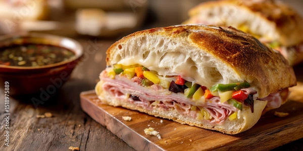 Obraz Sourdough Muffuletta Sandwich on wooden.. generative ai.