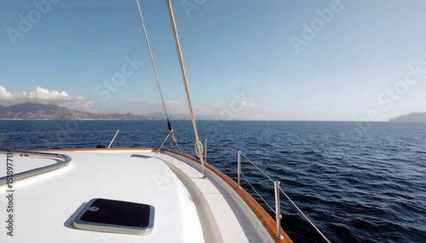 Fototapeta View from the yacht to the sea, sailing forward. The bow of the yacht. AI generation.