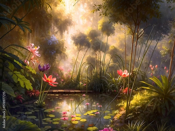 Fototapeta pond with dense vegetation tropical rain forest with trees and plants galore