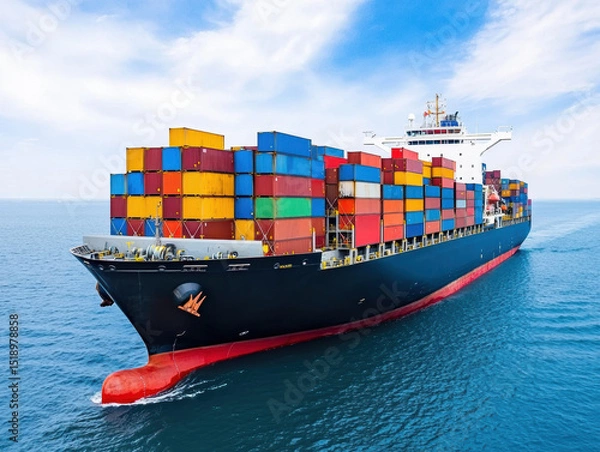 Fototapeta large cargo ship loaded with colorful shipping containers sails across a calm blue sea under a partly cloudy sky.