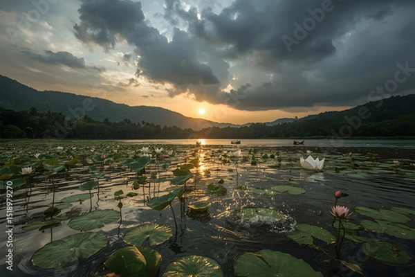 Fototapeta Beautiful image of Riverbank at Dusk in Monsoon