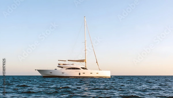 Fototapeta A yacht floats on the sea in the distance. Clear sky. The yacht is on the horizon.. AI Generation