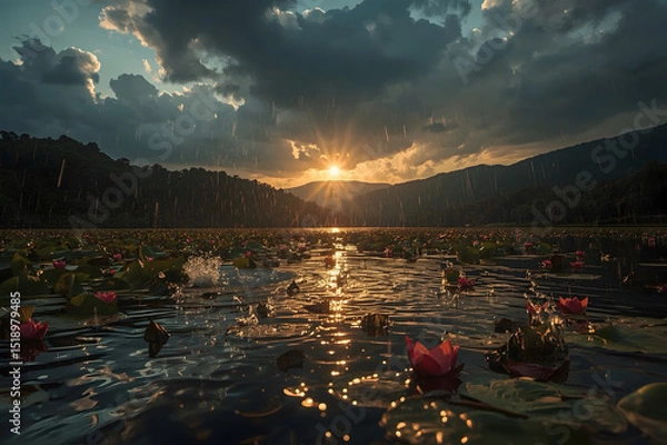 Fototapeta Beautiful image of Riverbank at Dusk in Monsoon