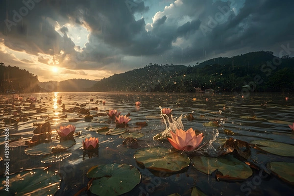 Fototapeta Beautiful image of Riverbank at Dusk in Monsoon