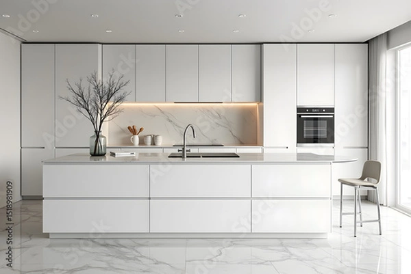 Fototapeta An ultra-modern minimalist kitchen with full marble backsplash and countertop, marble floors, and seamless white cabinetry