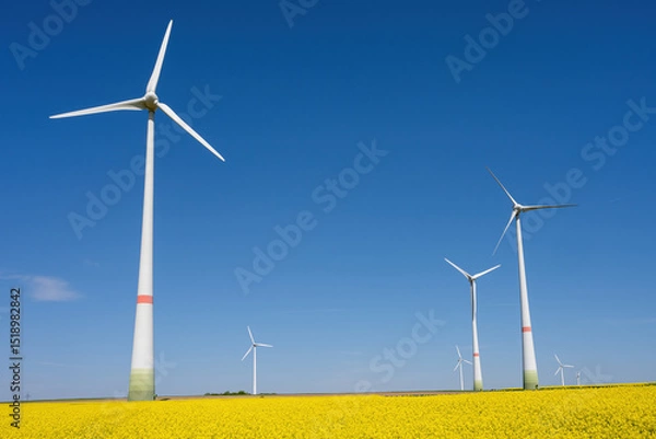 Fototapeta Wind turbines in a field of blooming canola seen in Germany