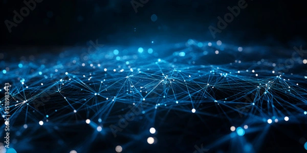 Fototapeta Abstract digital network of glowing connections, Blue glowing network connections across dark background, Digital nodes and lines creating virtual network

