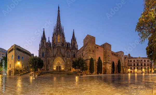 Fototapeta Panorama of the Barcelona Cathedral with no people at dawn