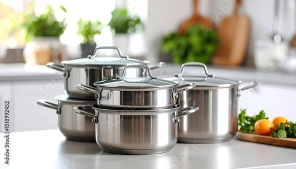 Obraz Stacked Stainless Steel Pots: A Timeless Kitchen Essential.stack, metal, grey, photography, preparation, quality, reflection, shiny, silver, steel, supply, vertical, color image, household, 