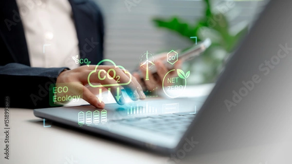 Obraz Business professional using digital tools for carbon footprint reduction, showcasing eco-friendly technology, net zero emissions, and sustainable energy data in a modern workspace.