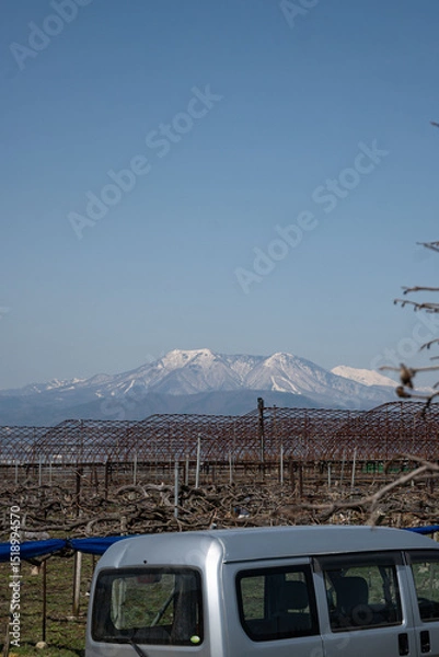 Fototapeta Vertical image of the Japanese landscape of the Japanese Alphes a stunning mountain range with snow outdoor at daytime in spring on the countryside between the vines of Nagano in Japan.