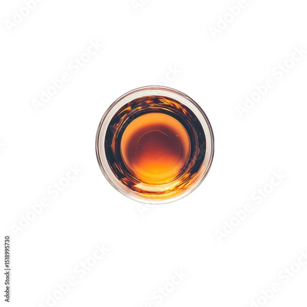 Fototapeta Amber liquid in a round glass, viewed from directly above, showing reflections and subtle texture