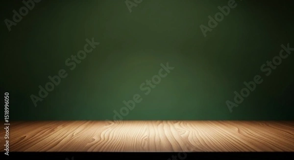 Fototapeta Beautifully lit wooden platform in front of a dark green gradient wall, suitable for showcasing items