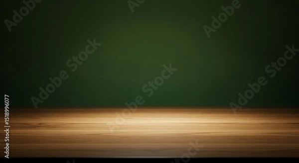 Fototapeta Rustic wooden table featuring soft illumination, contrasting with a muted dark green background, for diverse applications