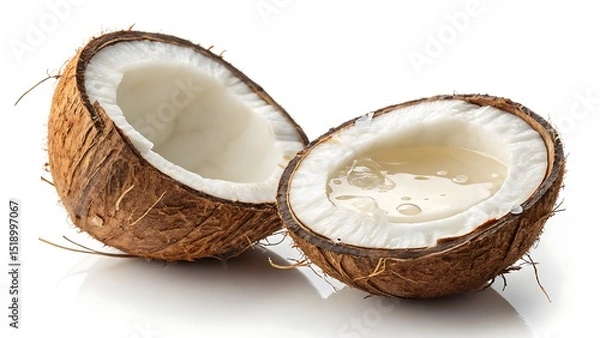 Fototapeta A vibrant close-up of a fresh coconut, perfectly split in two, revealing its white flesh and natural coconut water, set against a bright white background.